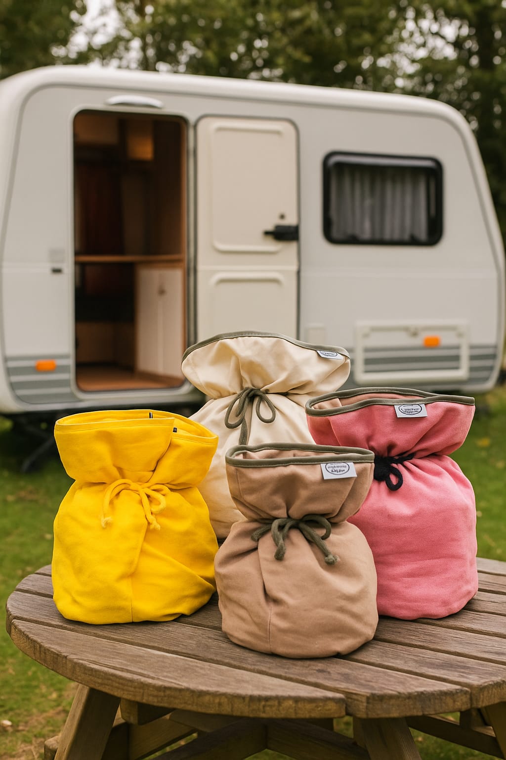 Hooimadam kookzakken op de camping